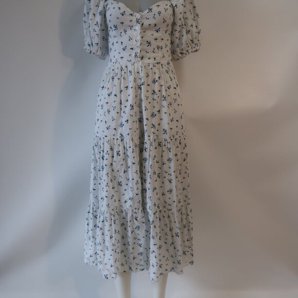 Womens RAHI White, Blue Floral Design Button Down Short Sleeve Midi Dress XS - Picture 2 of 11